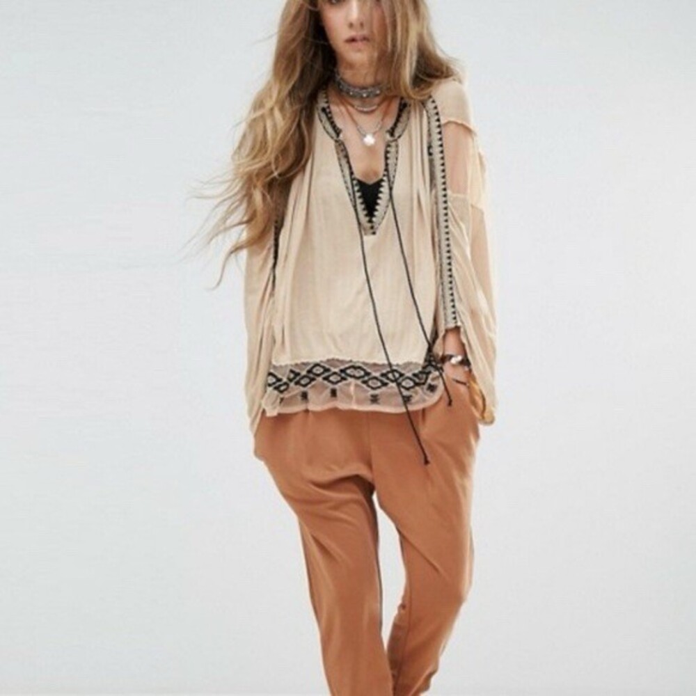 Free People Tunic Blouse Womens S Ivory Boho Embroidered V-Neck